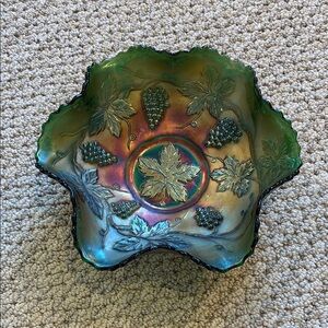 Fenton Green Carnival Glass Iridescent Green and Gold scalloped Bowl